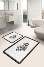 - PaspasTakimi-2li-Set900-Gorsel-5 - Realhomes  2'li Set Siyah - Beyaz Zeminde Çerçeveli Motifli Kabak Desenli Klasik Vintage  2'li Banyo & Mutfak Paspas Takımı Realhomes