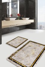 - PaspasTakimi-2li-Set901-Gorsel-1 - Realhomes 2'li Set Gold - Krem Zeminde Çerçeveli Motifli Mermer Desenli Sade & Şık Geometrik 2'li Banyo & Mutfak Paspas Takımı Realhomes