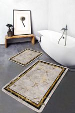 - PaspasTakimi-2li-Set901-Gorsel - Realhomes 2'li Set Gold - Krem Zeminde Çerçeveli Motifli Mermer Desenli Sade & Şık Geometrik 2'li Banyo & Mutfak Paspas Takımı Realhomes