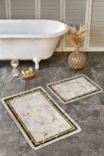 - Realhomes - Realhomes 2'li Set Gold - Krem Zeminde Çerçeveli Motifli Mermer Desenli Sade & Şık Geometrik 2'li Banyo & Mutfak Paspas Takımı Realhomes