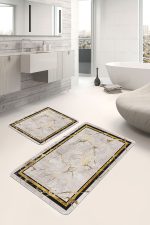 - PaspasTakimi-2li-Set901-Gorsel-4 - Realhomes 2'li Set Gold - Krem Zeminde Çerçeveli Motifli Mermer Desenli Sade & Şık Geometrik 2'li Banyo & Mutfak Paspas Takımı Realhomes