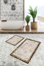 - PaspasTakimi-2li-Set901-Gorsel-5 - Realhomes 2'li Set Gold - Krem Zeminde Çerçeveli Motifli Mermer Desenli Sade & Şık Geometrik 2'li Banyo & Mutfak Paspas Takımı Realhomes
