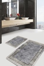 2'li Set Gri Zeminde Çerçeveli Motifli Antik Desenli Geometrik Eskitme Motifli  2'li Banyo & Mutfak Paspas Takımı Realhomes