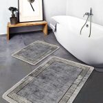 2'li Set Gri - Siyah Zeminde Çerçeveli Motifli Antik Desenli Eskitme Motifli Geometrik  2'li Banyo & Mutfak Paspas Takımı Realhomes