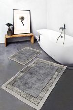 2'li Set Gri Zeminde Çerçeveli Motifli Antik Desenli Geometrik Eskitme Motifli  2'li Banyo & Mutfak Paspas Takımı Realhomes