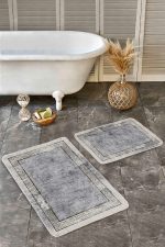 2'li Set Gri Zeminde Çerçeveli Motifli Antik Desenli Geometrik Eskitme Motifli  2'li Banyo & Mutfak Paspas Takımı Realhomes