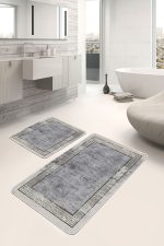 2'li Set Gri Zeminde Çerçeveli Motifli Antik Desenli Geometrik Eskitme Motifli  2'li Banyo & Mutfak Paspas Takımı Realhomes