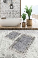 2'li Set Gri Zeminde Çerçeveli Motifli Antik Desenli Geometrik Eskitme Motifli  2'li Banyo & Mutfak Paspas Takımı Realhomes