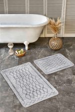 - Realhomes - Realhomes 2'li Set Gri Zeminde Bohem Motifli Etnik Desenli Vintage Etnik Motifler 2'li Banyo & Mutfak Paspas Takımı Realhomes