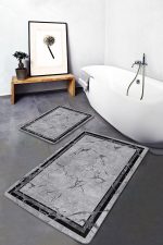 2'li Set Siyah - Gri Zeminde Çerçeveli Motifli Mermer Desenli Geometrik Eskitme Motifli  2'li Banyo & Mutfak Paspas Takımı Realhomes