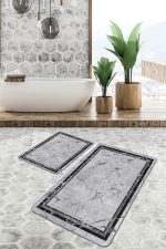 2'li Set Siyah - Gri Zeminde Çerçeveli Motifli Mermer Desenli Geometrik Eskitme Motifli  2'li Banyo & Mutfak Paspas Takımı Realhomes