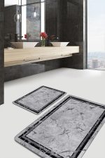 2'li Set Siyah - Gri Zeminde Çerçeveli Motifli Mermer Desenli Geometrik Eskitme Motifli  2'li Banyo & Mutfak Paspas Takımı Realhomes