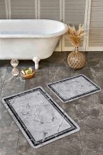 2'li Set Siyah - Gri Zeminde Çerçeveli Motifli Mermer Desenli Geometrik Eskitme Motifli  2'li Banyo & Mutfak Paspas Takımı Realhomes