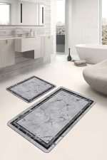 2'li Set Siyah - Gri Zeminde Çerçeveli Motifli Mermer Desenli Geometrik Eskitme Motifli  2'li Banyo & Mutfak Paspas Takımı Realhomes