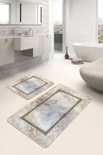 - PaspasTakimi-2li-Set905-Gorsel-1 - Realhomes 2'li Set Siyah - Gold Zeminde Çerçeveli Motifli Mermer Desenli Vintage Geometrik 2'li Banyo & Mutfak Paspas Takımı Realhomes