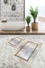 - PaspasTakimi-2li-Set905-Gorsel-2 - Realhomes 2'li Set Siyah - Gold Zeminde Çerçeveli Motifli Mermer Desenli Vintage Geometrik 2'li Banyo & Mutfak Paspas Takımı Realhomes