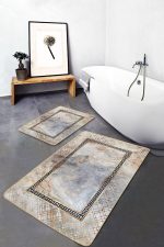 - PaspasTakimi-2li-Set905-Gorsel-4 - Realhomes 2'li Set Siyah - Gold Zeminde Çerçeveli Motifli Mermer Desenli Vintage Geometrik 2'li Banyo & Mutfak Paspas Takımı Realhomes