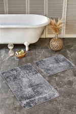 - Realhomes - Realhomes  2'li Set Füme Zeminde Eskitme Motifli Duvar Desenli Eskitme Motifli Vintage  2'li Banyo & Mutfak Paspas Takımı Realhomes