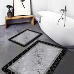 2'li Set Siyah - Mavi Zeminde Yaprak Motifli Kanvas Desenli Floral Sade & Şık  2'li Banyo & Mutfak Paspas Takımı Realhomes