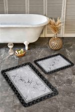 - Realhomes - Realhomes  2'li Set Mermer Zeminde Çerçeveli Motifli Metalik Desenli Geometrik Klasik  2'li Banyo & Mutfak Paspas Takımı Realhomes