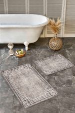 - Realhomes - Realhomes 2'li Set Kahverengi - Beyaz Zeminde Çerçeveli Motifli Antik Desenli Eskitme Motifli Geometrik 2'li Banyo & Mutfak Paspas Takımı Realhomes