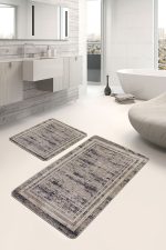 2'li Set Kahverengi - Krem Zeminde Çerçeveli Motifli Eskitme Desenli Eskitme Motifli Vintage  2'li Banyo & Mutfak Paspas Takımı Realhomes