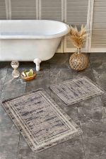 2'li Set Kahverengi - Krem Zeminde Çerçeveli Motifli Eskitme Desenli Eskitme Motifli Vintage  2'li Banyo & Mutfak Paspas Takımı Realhomes