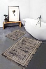 2'li Set Kahverengi - Krem Zeminde Çerçeveli Motifli Eskitme Desenli Eskitme Motifli Vintage  2'li Banyo & Mutfak Paspas Takımı Realhomes