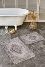 - Realhomes - Realhomes 2'li Set Bej Zeminde Göbekli Halı Motifli Hereke Desenli Vintage Avangarde 2'li Banyo & Mutfak Paspas Takımı Realhomes