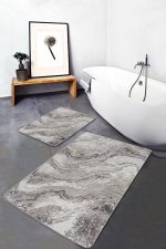 2'li Set Bej - Krem Zeminde Eskitme Motifli Mermer Desenli Eskitme Motifli Klasik  2'li Banyo & Mutfak Paspas Takımı Realhomes