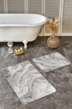 2'li Set Bej - Krem Zeminde Eskitme Motifli Mermer Desenli Eskitme Motifli Klasik  2'li Banyo & Mutfak Paspas Takımı Realhomes