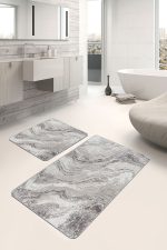 2'li Set Bej - Krem Zeminde Eskitme Motifli Mermer Desenli Eskitme Motifli Klasik  2'li Banyo & Mutfak Paspas Takımı Realhomes