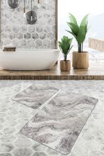 2'li Set Bej - Krem Zeminde Eskitme Motifli Mermer Desenli Eskitme Motifli Klasik  2'li Banyo & Mutfak Paspas Takımı Realhomes