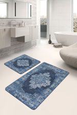 - PaspasTakimi-2li-Set916-Gorsel-1 - Realhomes  2'li Set Mavi Zeminde Göbekli Halı Motifli Kilim Desenli Avangarde Klasik  2'li Banyo & Mutfak Paspas Takımı Realhomes