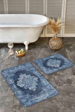 - Realhomes - Realhomes  2'li Set Mavi Zeminde Göbekli Halı Motifli Kilim Desenli Avangarde Klasik  2'li Banyo & Mutfak Paspas Takımı Realhomes