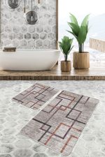 - PaspasTakimi-2li-Set918-Gorsel - Realhomes  2'li Set Kahverengi Zeminde Geometrik Motifli Örme Desenli Geometrik Eskitme Motifli  2'li Banyo & Mutfak Paspas Takımı Realhomes