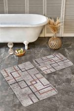 - Realhomes - Realhomes  2'li Set Kahverengi Zeminde Geometrik Motifli Örme Desenli Geometrik Eskitme Motifli  2'li Banyo & Mutfak Paspas Takımı Realhomes