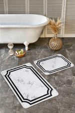 - Realhomes - Realhomes  2'li Set Siyah - Gri Zeminde Çerçeveli Motifli Mermer Desenli Geometrik Klasik  2'li Banyo & Mutfak Paspas Takımı Realhomes