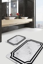 - PaspasTakimi-2li-Set919-Gorsel - Realhomes  2'li Set Siyah - Gri Zeminde Çerçeveli Motifli Mermer Desenli Geometrik Klasik  2'li Banyo & Mutfak Paspas Takımı Realhomes