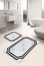 - PaspasTakimi-2li-Set919-Gorsel-2 - Realhomes  2'li Set Siyah - Gri Zeminde Çerçeveli Motifli Mermer Desenli Geometrik Klasik  2'li Banyo & Mutfak Paspas Takımı Realhomes