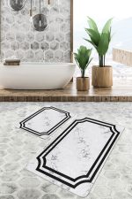 - PaspasTakimi-2li-Set919-Gorsel-4 - Realhomes  2'li Set Siyah - Gri Zeminde Çerçeveli Motifli Mermer Desenli Geometrik Klasik  2'li Banyo & Mutfak Paspas Takımı Realhomes