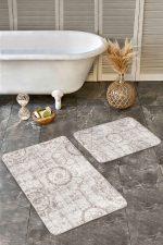 - Realhomes - Realhomes  2'li Set Krem Zeminde Retro Motifli Geleneksel Desenli Eskitme Motifli Avangarde  2'li Banyo & Mutfak Paspas Takımı Realhomes