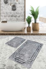 - PaspasTakimi-2li-Set923-Gorsel-1 - Realhomes 2'li Set Gri - Siyah Zeminde Çerçeveli Motifli Antik Desenli Geometrik Klasik 2'li Banyo & Mutfak Paspas Takımı Realhomes