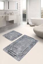 - PaspasTakimi-2li-Set923-Gorsel - Realhomes 2'li Set Gri - Siyah Zeminde Çerçeveli Motifli Antik Desenli Geometrik Klasik 2'li Banyo & Mutfak Paspas Takımı Realhomes