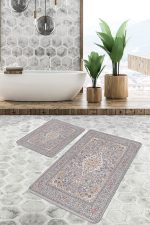 - PaspasTakimi-2li-Set926-Gorsel - Realhomes  2'li Set Gri Zeminde Kilim Motifli Uşak Desenli Avangarde Vintage  2'li Banyo & Mutfak Paspas Takımı Realhomes