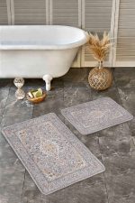 - Realhomes - Realhomes  2'li Set Gri Zeminde Kilim Motifli Uşak Desenli Avangarde Vintage  2'li Banyo & Mutfak Paspas Takımı Realhomes