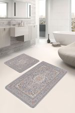 - PaspasTakimi-2li-Set926-Gorsel-5 - Realhomes  2'li Set Gri Zeminde Kilim Motifli Uşak Desenli Avangarde Vintage  2'li Banyo & Mutfak Paspas Takımı Realhomes