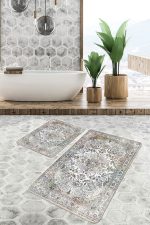 - PaspasTakimi-2li-Set928-Gorsel-1 - Realhomes 2'li Set Beyaz Zeminde Antik Motifli Göbekli Halı Desenli Avangarde Etnik Motifler 2'li Banyo & Mutfak Paspas Takımı Realhomes