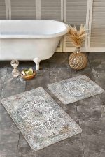 - Realhomes - Realhomes 2'li Set Beyaz Zeminde Antik Motifli Göbekli Halı Desenli Avangarde Etnik Motifler 2'li Banyo & Mutfak Paspas Takımı Realhomes