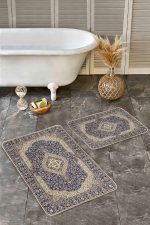 2'li Set Lacivert Zeminde Uşak Motifli Geleneksel Desenli Avangarde Etnik Motifler  2'li Banyo & Mutfak Paspas Takımı Realhomes